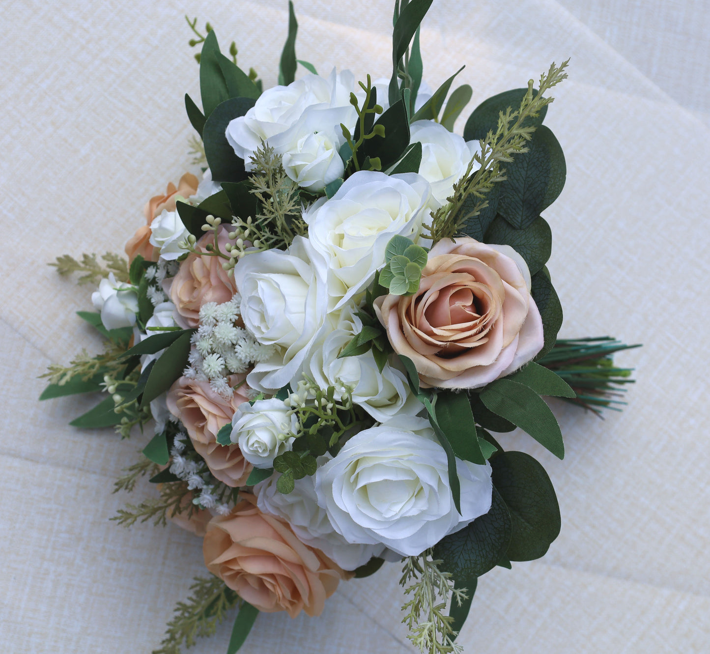 Artificial Wedding Bouquet, Rustic Bouquets, Eucalyptus Wedding Bouquets, Rose and Baby's Breath Bridal Bouquet, Silk Flowers For Weddings