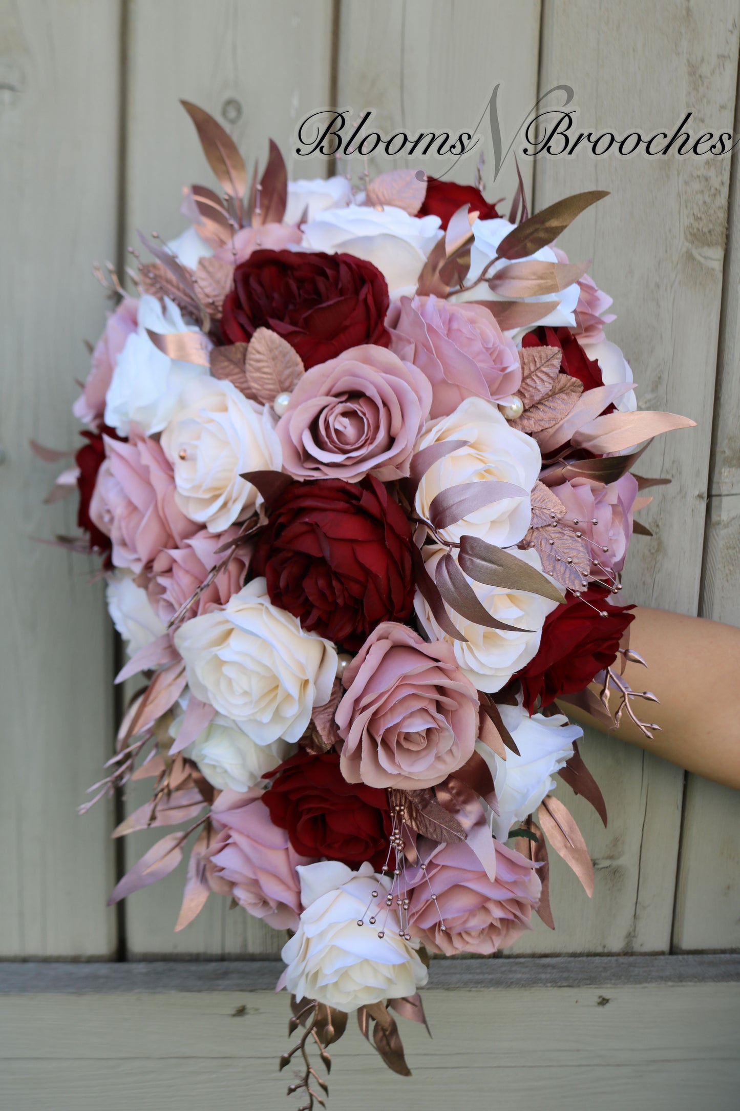 Rose Gold Cascade Bouquet, Dusty Rose Burgundy Bridal Bouquet, Artificial Wedding Bouquet Cascade