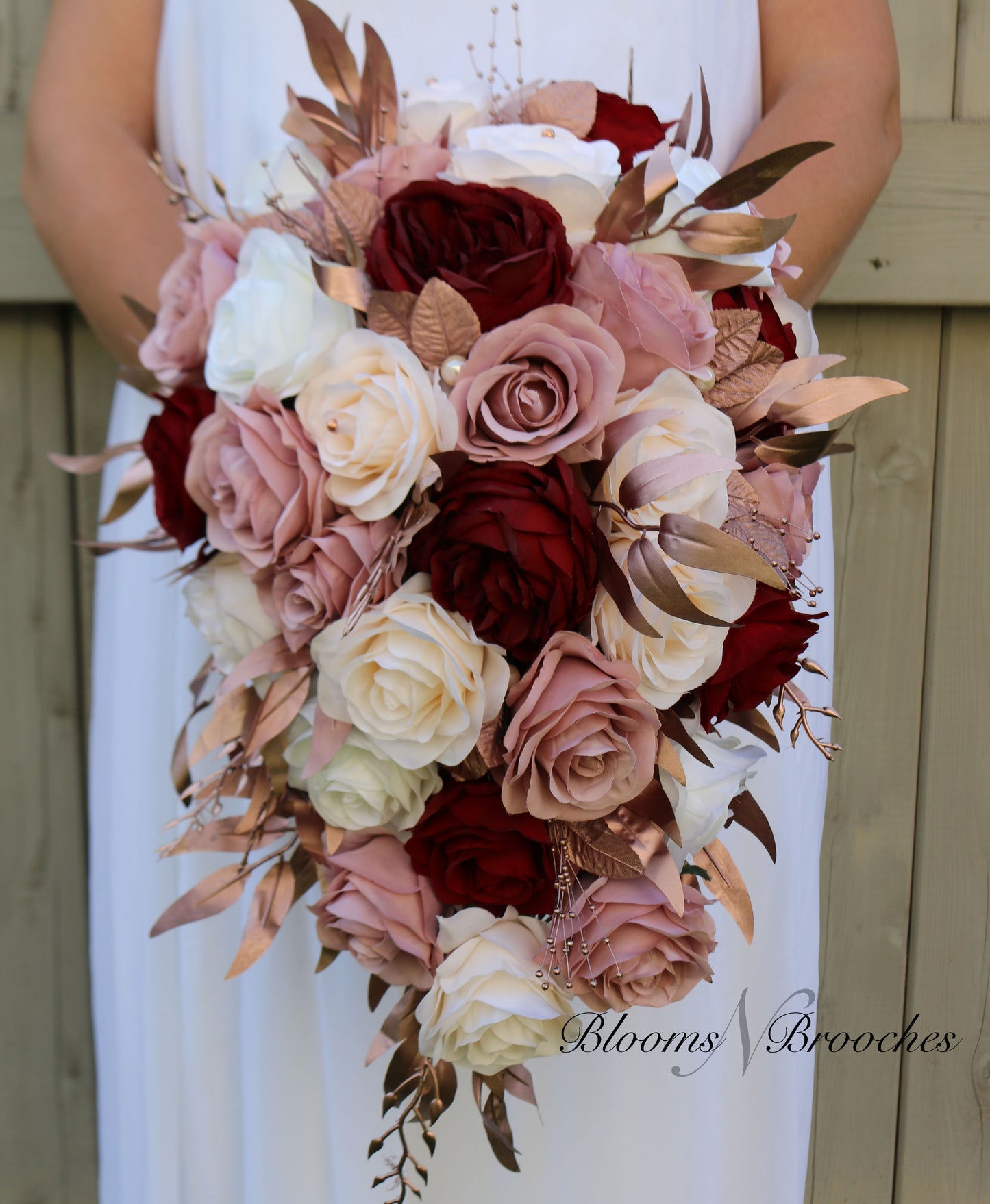 Rose Gold Cascade Bouquet, Dusty Rose Burgundy Bridal Bouquet, Artificial Wedding Bouquet Cascade