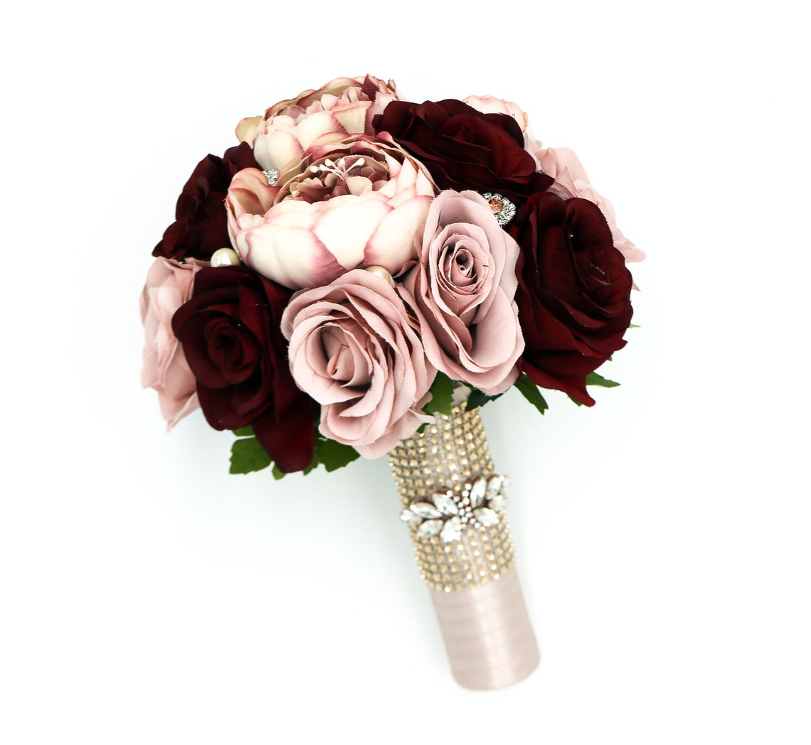 Dusty Rose and Rose Gold Wedding Bouquet, Wine Bridal Bouquet, Bridesmaids Bouquets, Artificial Wedding Flowers, Roses, Peonies, Rhinestones