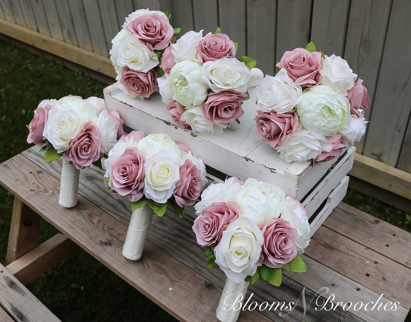 Dusty Rose and Ivory Wedding Bouquet, Wedding Flowers, Bridesmaid Bouquets, Corsage, bridal Flower Package, faux Flowers, Weddings