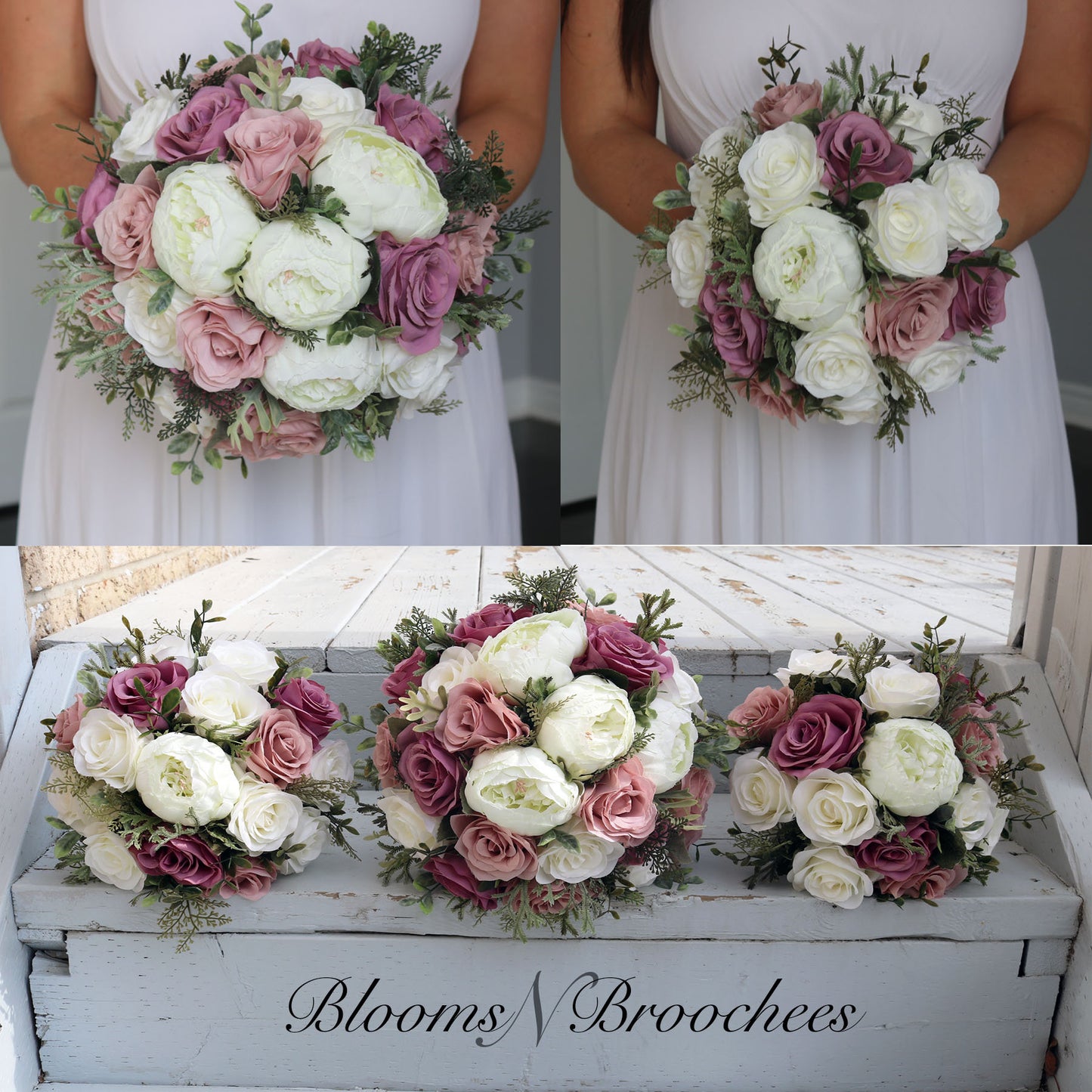 Dusty Rose Mauve and Ivory Wedding Bouquet, Faux Wedding Flowers for Bridesmaid and Bride Bouquets, Quartz Wedding Flowers Silk