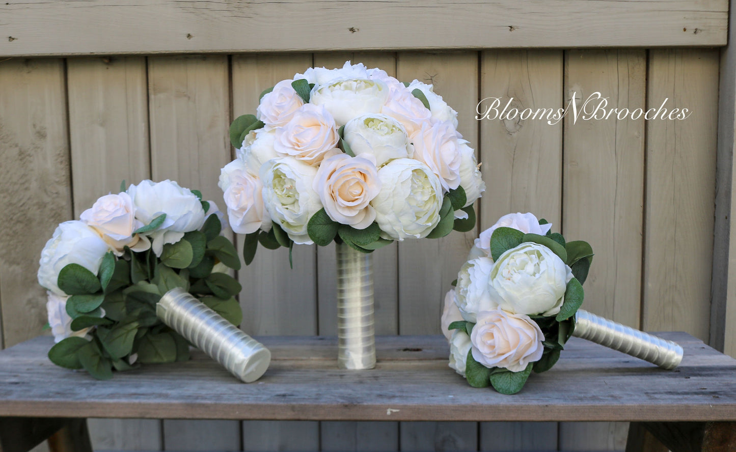 Ivory and Champaign Wedding Bouquet, Wedding Flowers, Peony and rose bouquet, Bridesmaid Bouquets, Corsage, bridal Flower Package