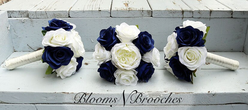 Wedding Bouquet Navy and Ivory, Bridal Bouquet With Rhinestone and Pearls, Wedding Flowers, Bridesmaid Bouquets, bridal Flower Package