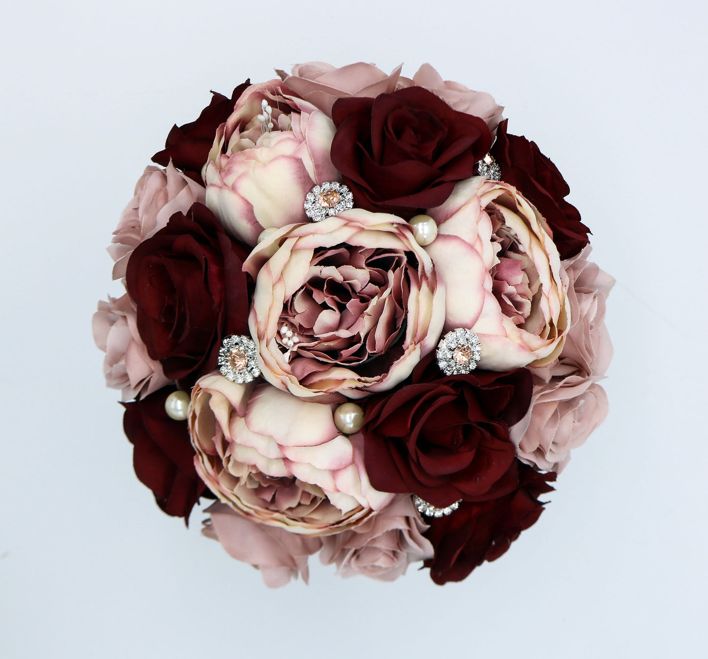 Rose Gold Dusty Rose and Burgundy Wedding Bouquet, Artificial Bridal Bouquet and Bridesmaids Bouquets, Roses Peonies Rose Gold Rhinestones