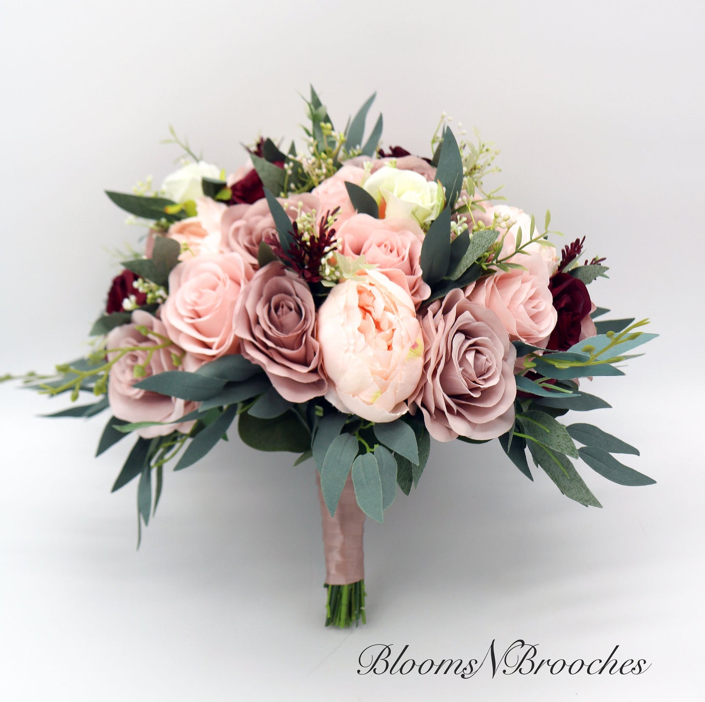 Boho Wedding Bouquet Dusty Rose Wine Ivory, Silk Bridal and Bridesmaids Bouquets for Weddings, Rose Peony Eucalyptus Wedding Bouquet Silk