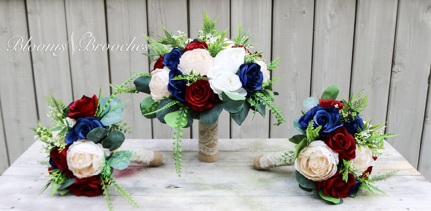 Wine Navy champaign and Ivory Boho Wedding Bouquets, Bridal Bouquet, Bridesmaids bouquet, Artificial Wedding Flowers, Boho Wedding