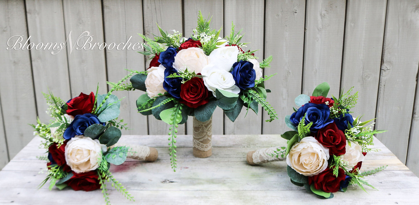 Wine Navy champaign and Ivory Boho Wedding Bouquets, Bridal Bouquet, Bridesmaids bouquet, Artificial Wedding Flowers, Boho Wedding