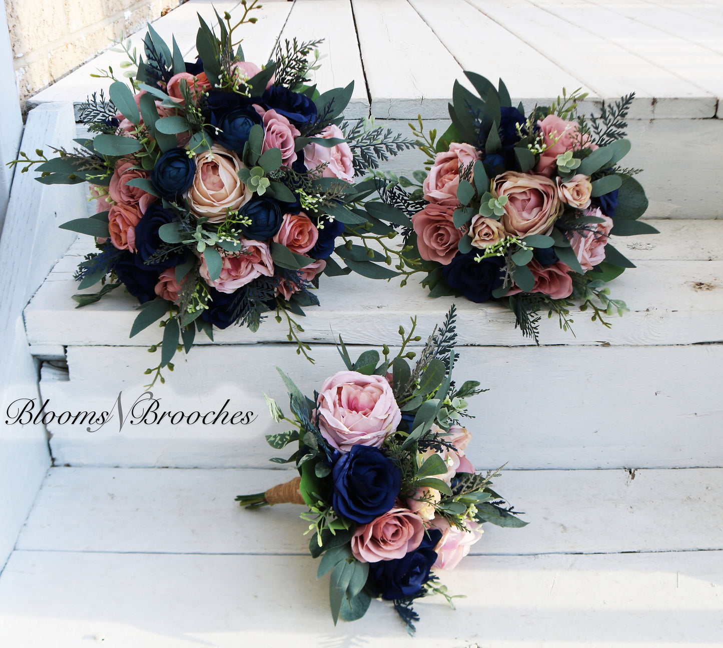 Navy and Dusty Rose Boho Wedding Bouquets, Bridal Bouquet, Bridesmaids bouquet, Artificial Wedding Flowers, artificial Flowers,