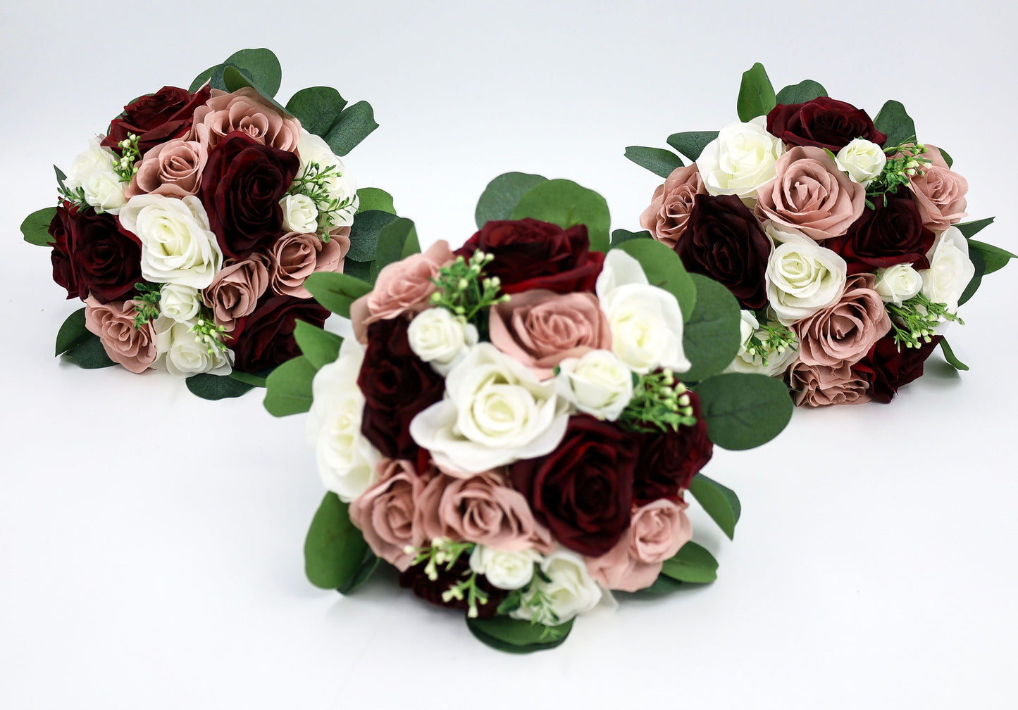 Burgundy Dusty Rose Ivory Wedding Bouquets, Faux Artificial Bridal and Bridesmaids Bouquets, Silk Wedding Flowers with Roses Eucalyptus