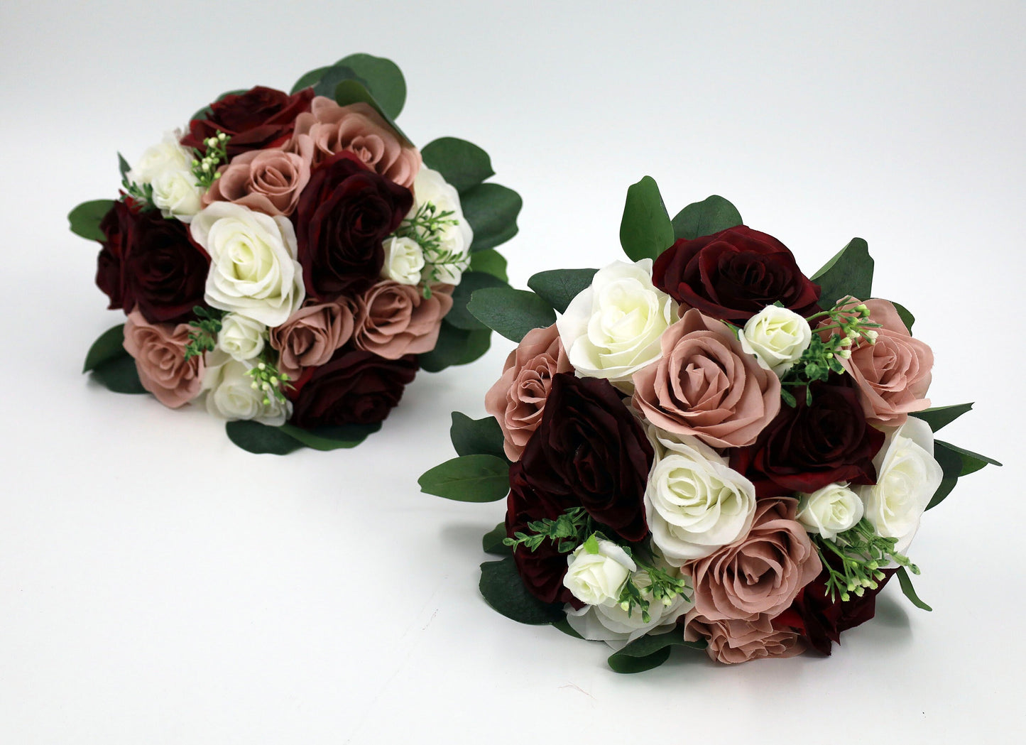 Burgundy Dusty Rose Ivory Wedding Bouquets, Faux Artificial Bridal and Bridesmaids Bouquets, Silk Wedding Flowers with Roses Eucalyptus