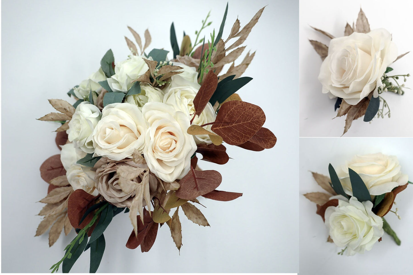 Fall Boho Wedding Bouquet, Bridal Bouquet Artificial, Ivory Cream and taupe wedding bouquets, Silk Wedding Flowers, Roes peony eucalyptus