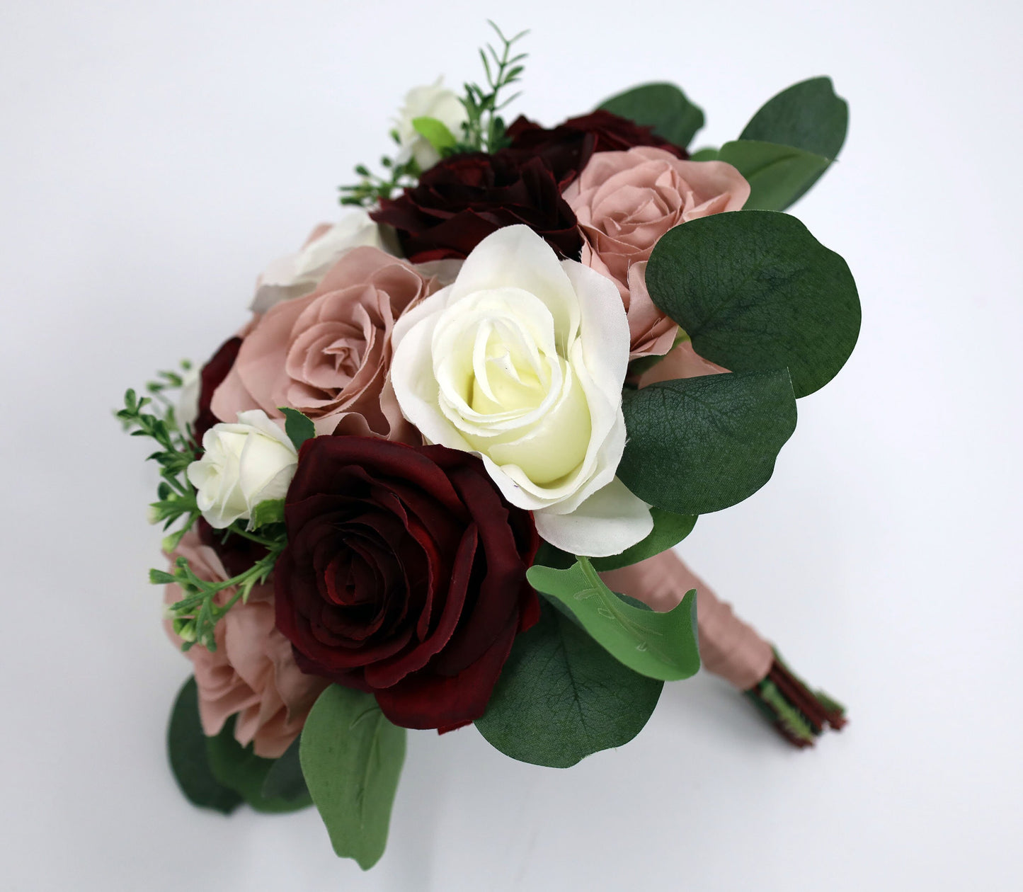 Burgundy Dusty Rose Ivory Wedding Bouquets, Faux Artificial Bridal and Bridesmaids Bouquets, Silk Wedding Flowers with Roses Eucalyptus