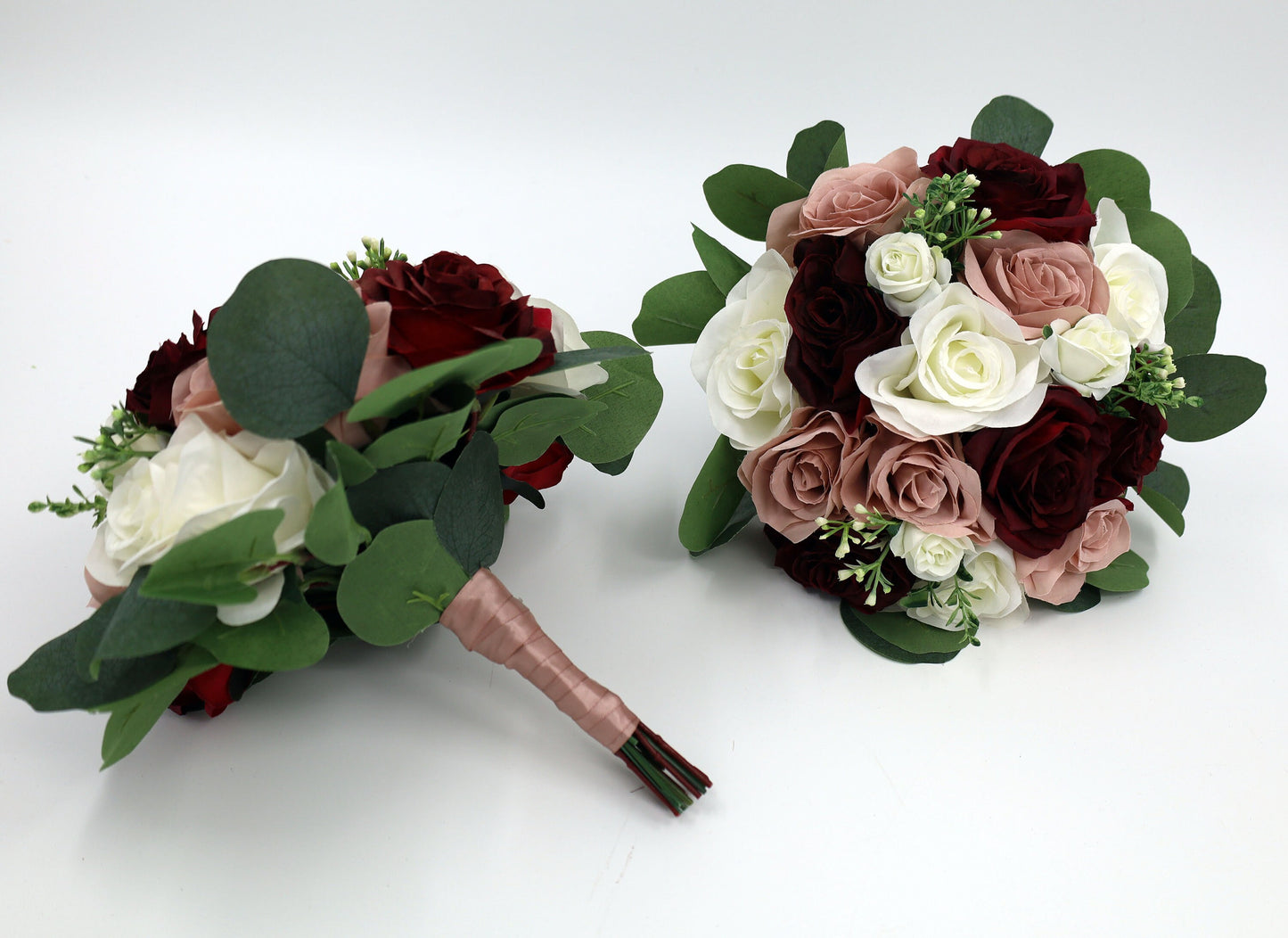 Burgundy Dusty Rose Ivory Wedding Bouquets, Faux Artificial Bridal and Bridesmaids Bouquets, Silk Wedding Flowers with Roses Eucalyptus