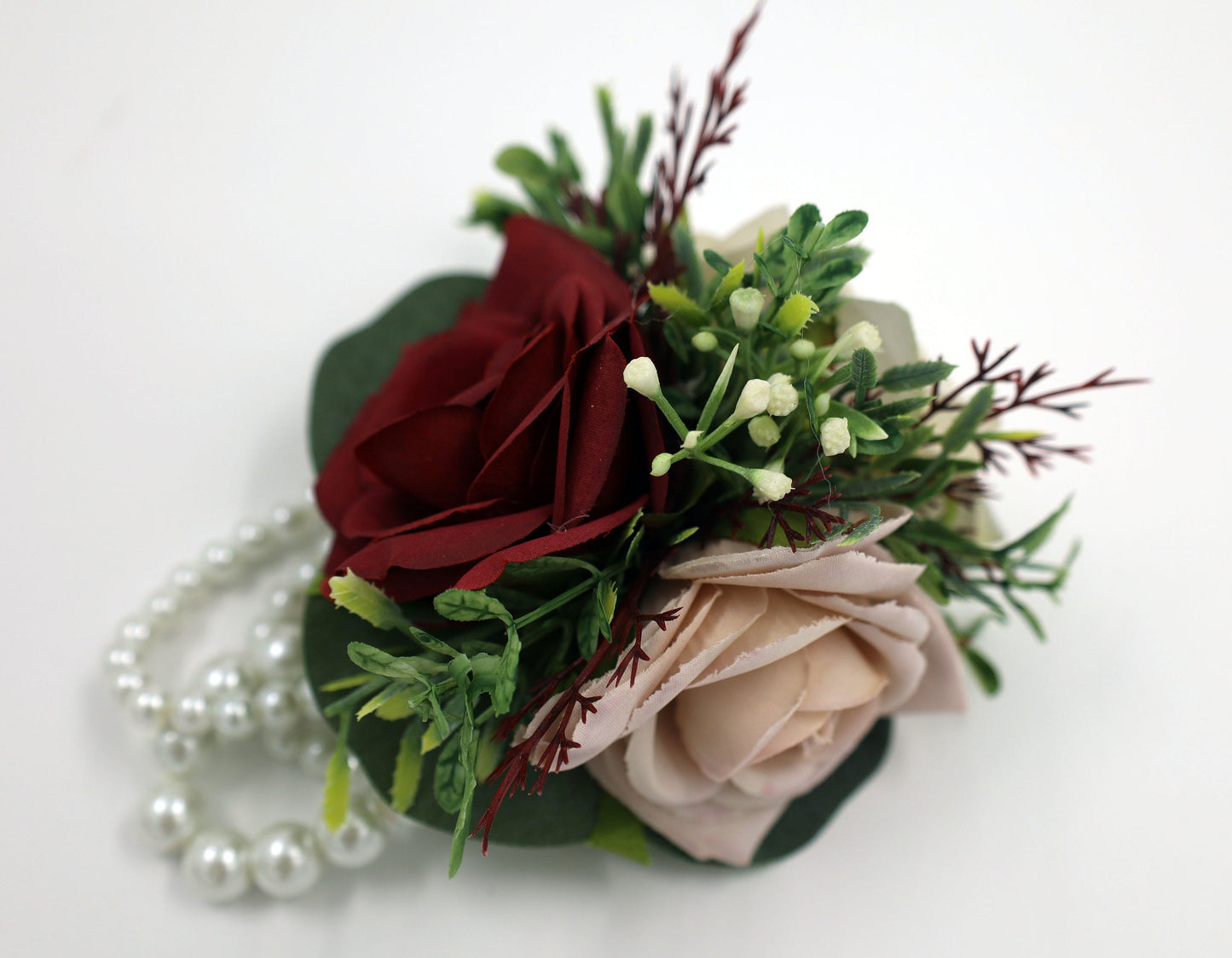 Burgundy Dusty Rose Ivory Wedding Bouquets, Faux Artificial Bridal and Bridesmaids Bouquets, Silk Wedding Flowers with Roses Eucalyptus
