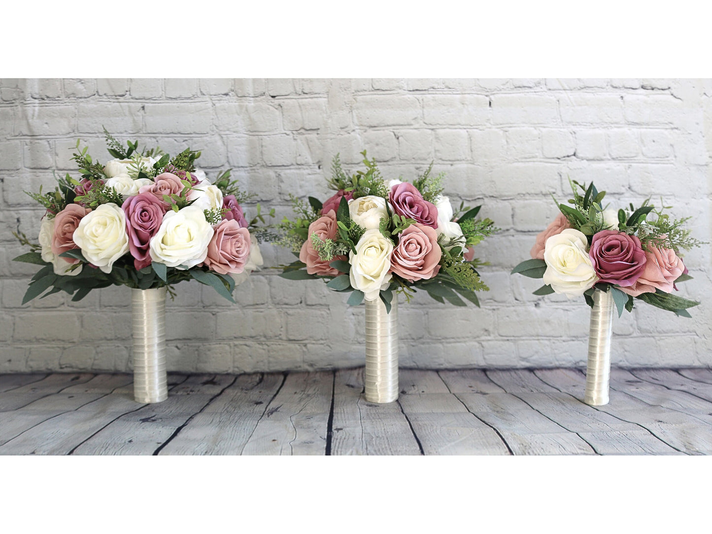 Dusty Rose Mauve and Ivory Wedding Bouquet, Faux Wedding Flowers for Bridesmaid and Bride Bouquets, Quartz Wedding Flowers Silk