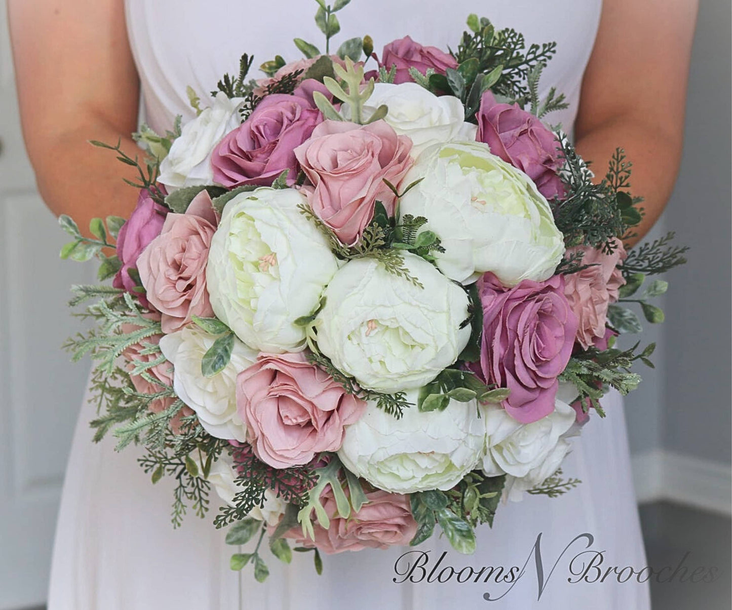 Dusty Rose Mauve and Ivory Wedding Bouquet, Faux Wedding Flowers for Bridesmaid and Bride Bouquets, Quartz Wedding Flowers Silk
