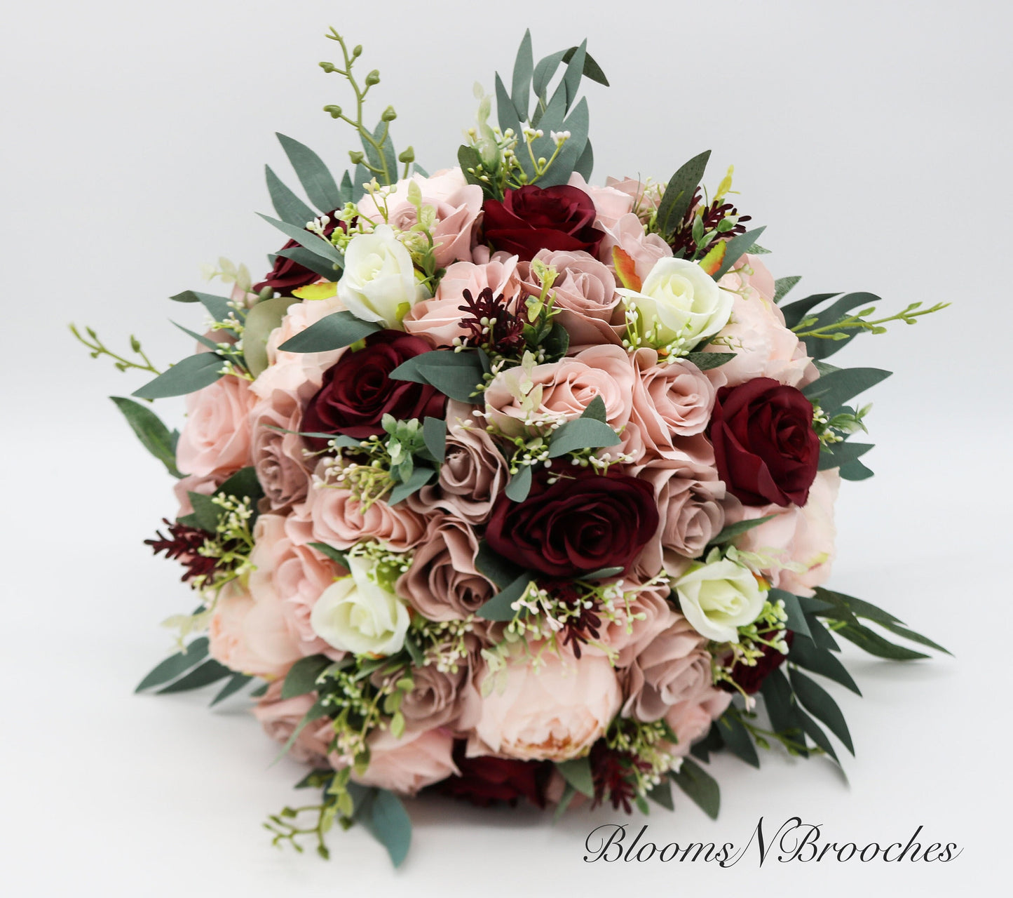 Boho Wedding Bouquet Dusty Rose Wine Ivory, Silk Bridal and Bridesmaids Bouquets for Weddings, Rose Peony Eucalyptus Wedding Bouquet Silk
