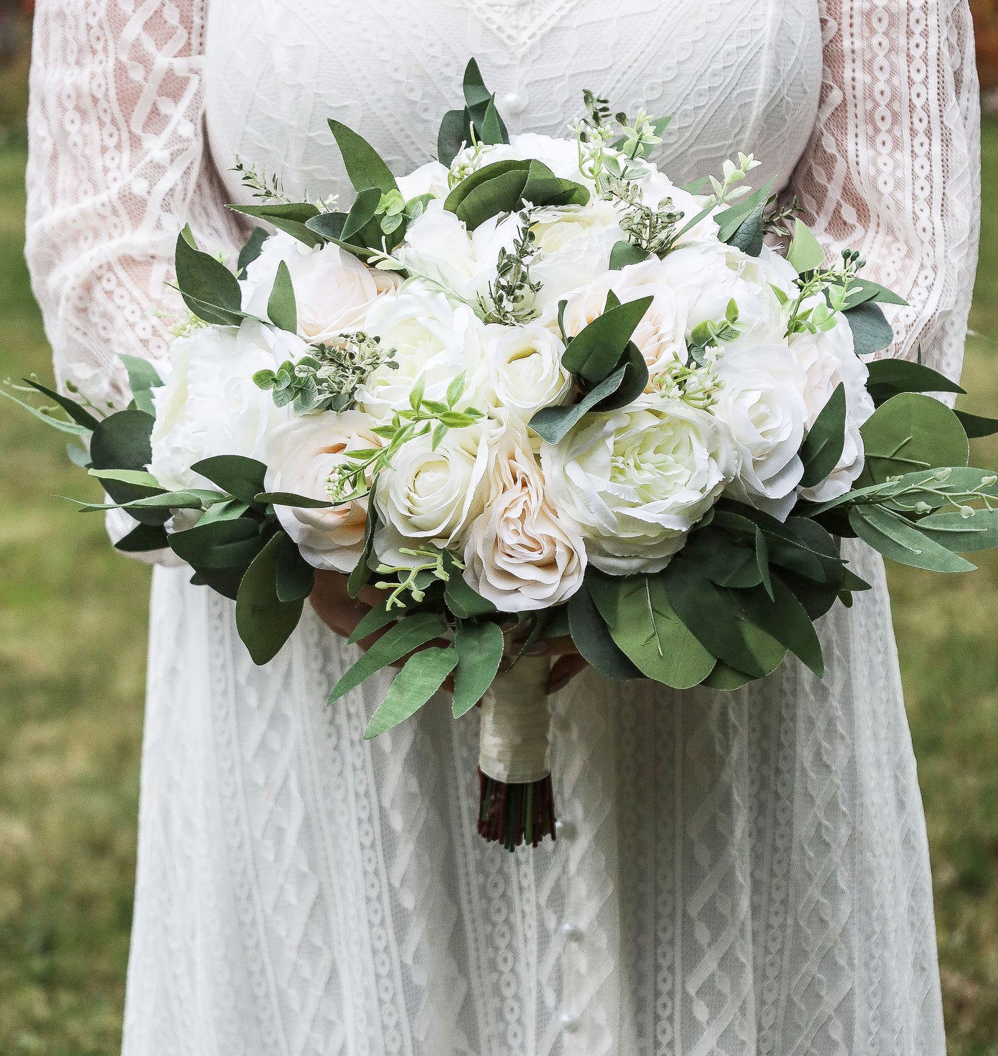 Ivory White & Greenery Wedding Bouquet, Bridal Bouquet, Bridesmaids Bouquets, Boho Wedding Bouquet, Peonies Roses eucalyptus, Faux flowers