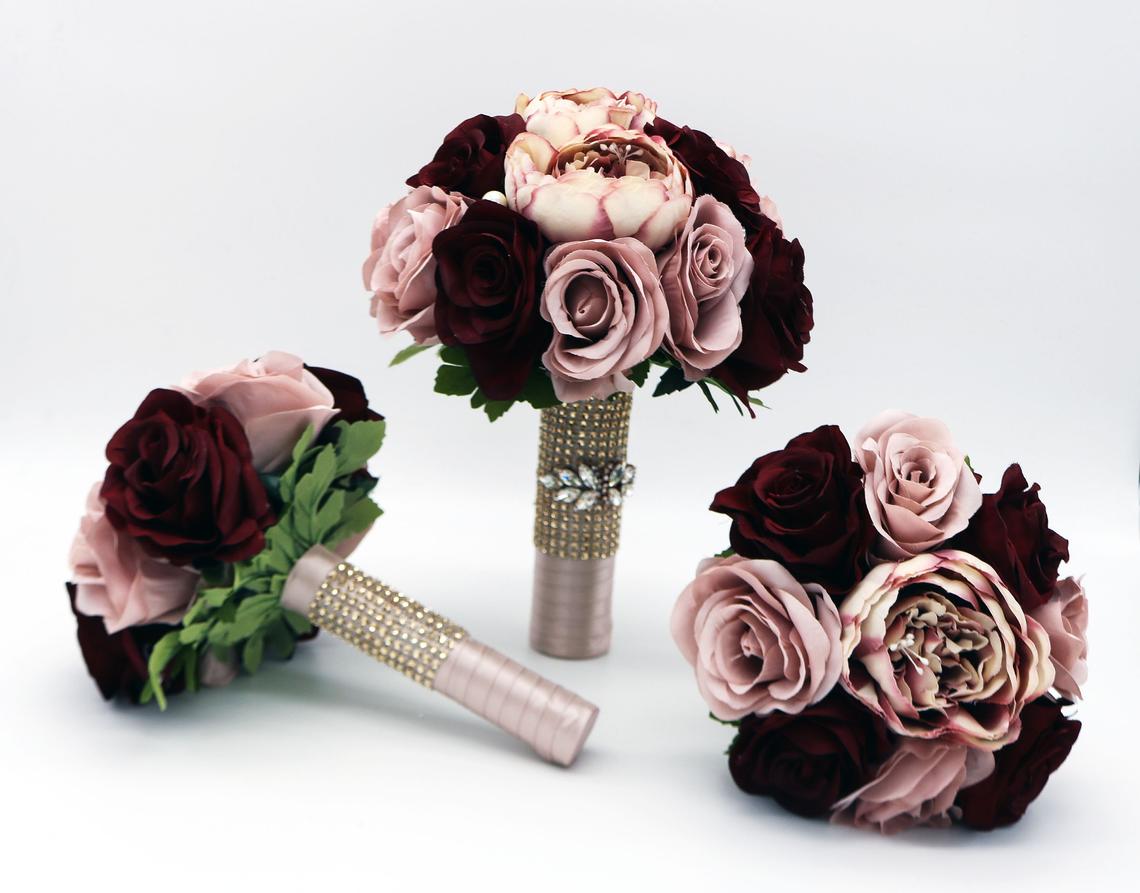Dusty Rose and Rose Gold Wedding Bouquet, Wine Bridal Bouquet, Bridesmaids Bouquets, Artificial Wedding Flowers, Roses, Peonies, Rhinestones
