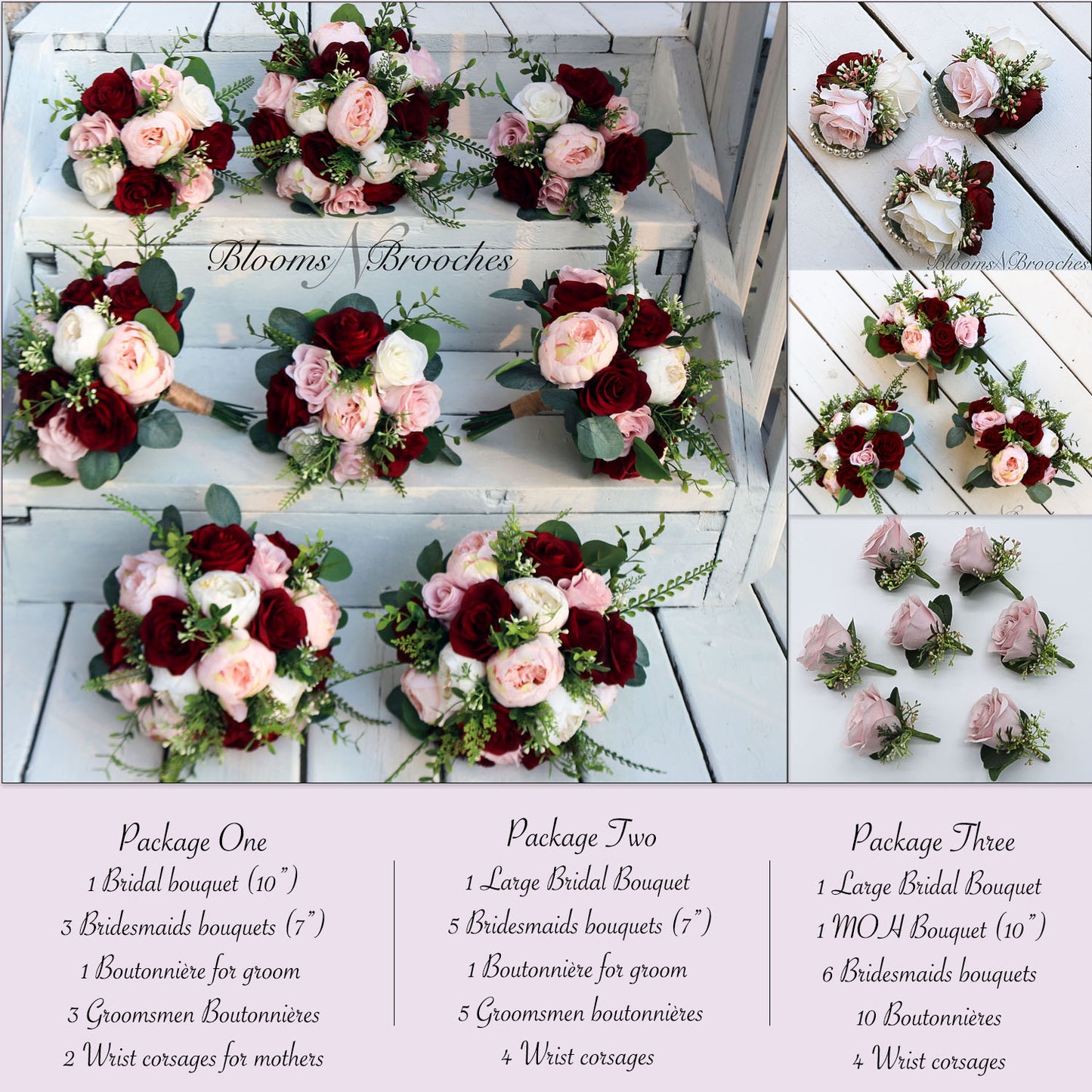Wine Blush and Ivory Boho Wedding Bouquets, Bridal Bouquet,Wedding floral Package, Bridesmaids bouquet, Artificial Wedding Flowers, Boho Wedding, Burgundy Flowers