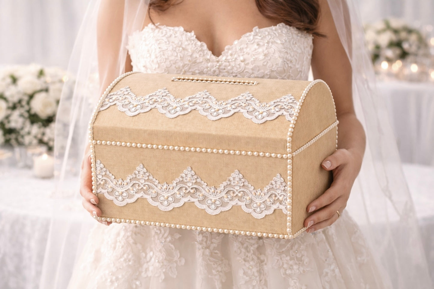 Wedding Card Box Champagne, Taupe Money Box, Treasure Chest Envelope Box Holder, Lace Wedding Card Holder, Keepsake Memory Box