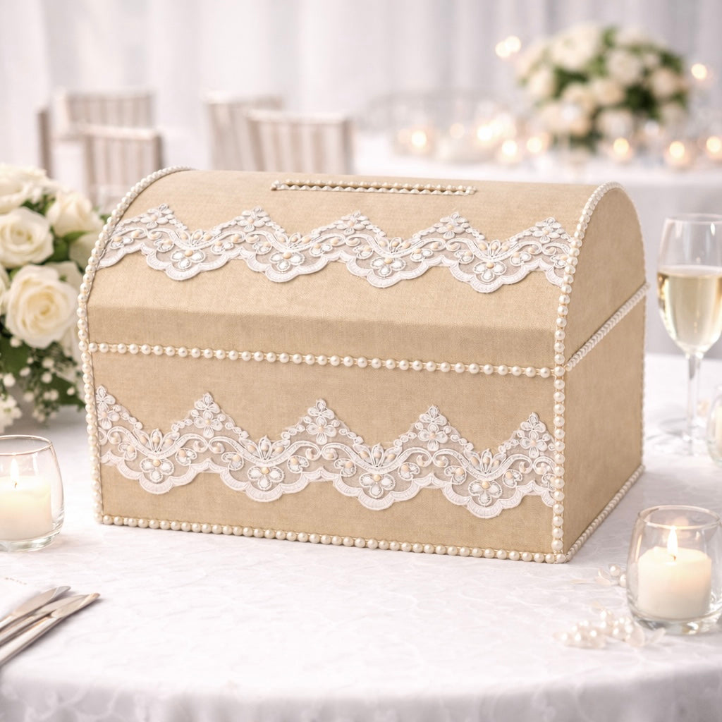 Wedding Card Box Champagne, Taupe Money Box, Treasure Chest Envelope Box Holder, Lace Wedding Card Holder, Keepsake Memory Box