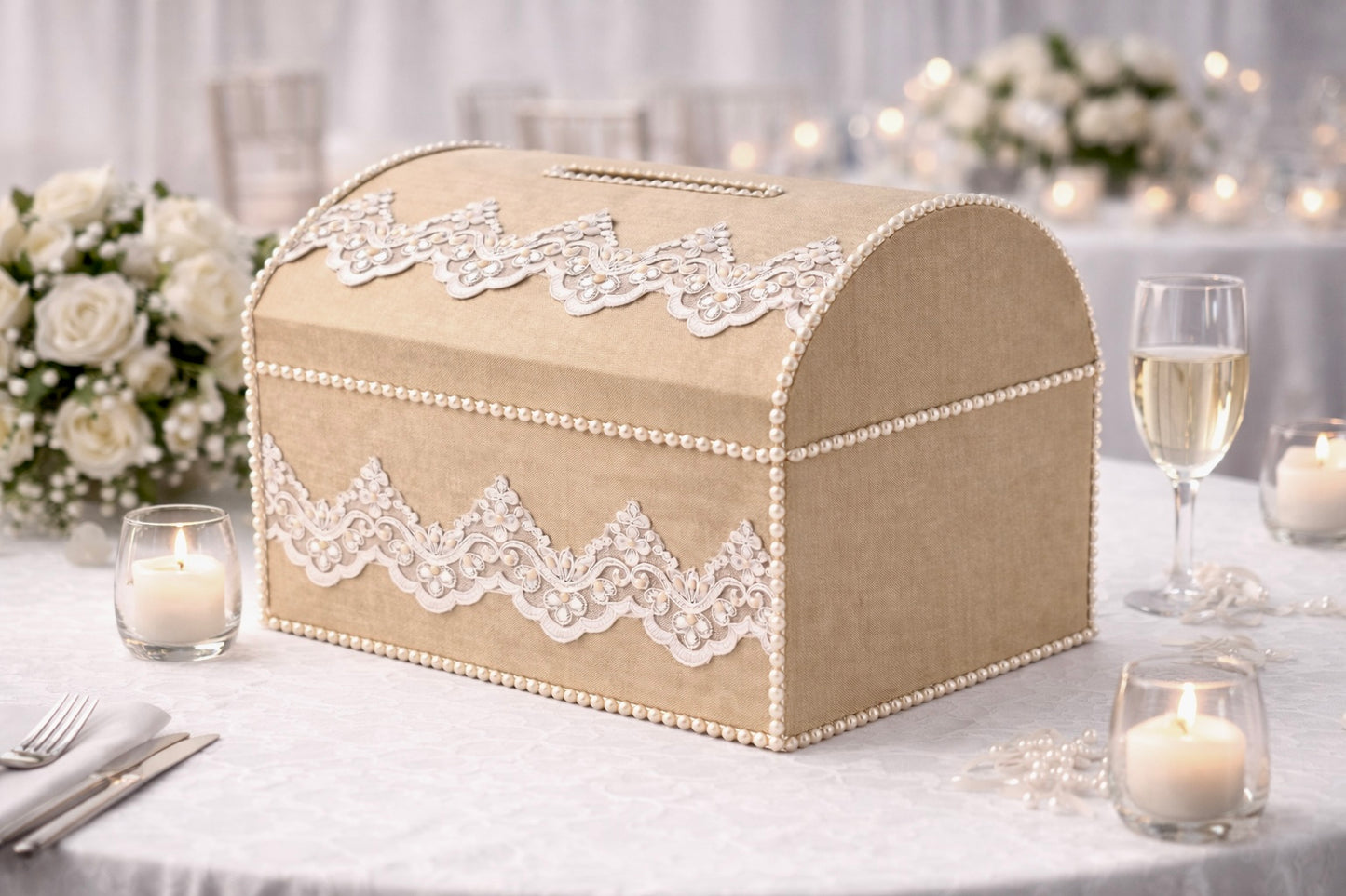 Wedding Card Box Champagne, Taupe Money Box, Treasure Chest Envelope Box Holder, Lace Wedding Card Holder, Keepsake Memory Box