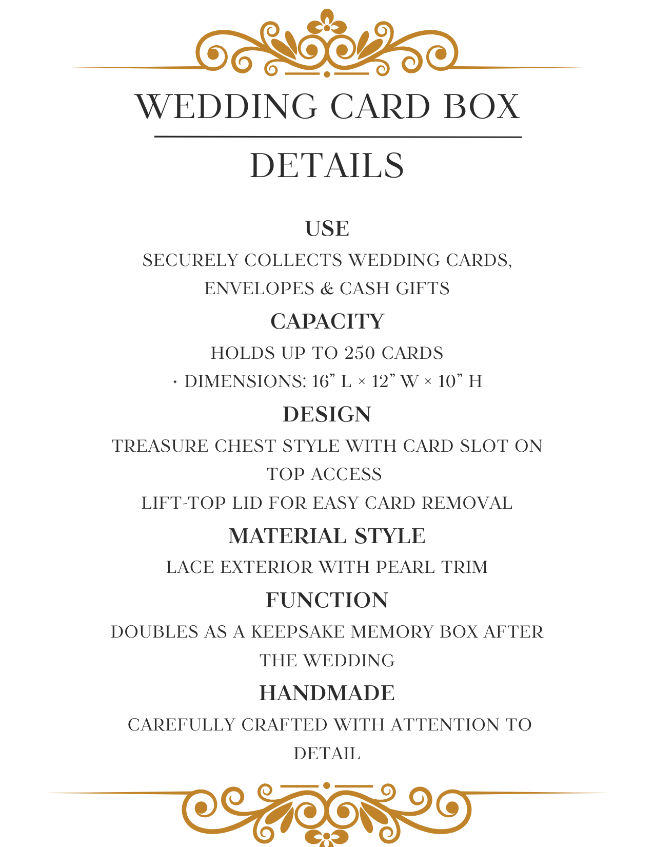 Elegant wedding card boxes designed for receptions. Securely collect cards and envelopes while enhancing your wedding gift table décor.