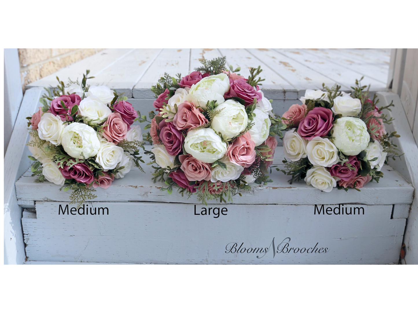 Wedding Bouquet Dusty Rose Mauve Ivory, Faux Wedding Flowers for Bride and Bridesmaids, Artificial Bridal Bouquet Roses Peonies Greenery