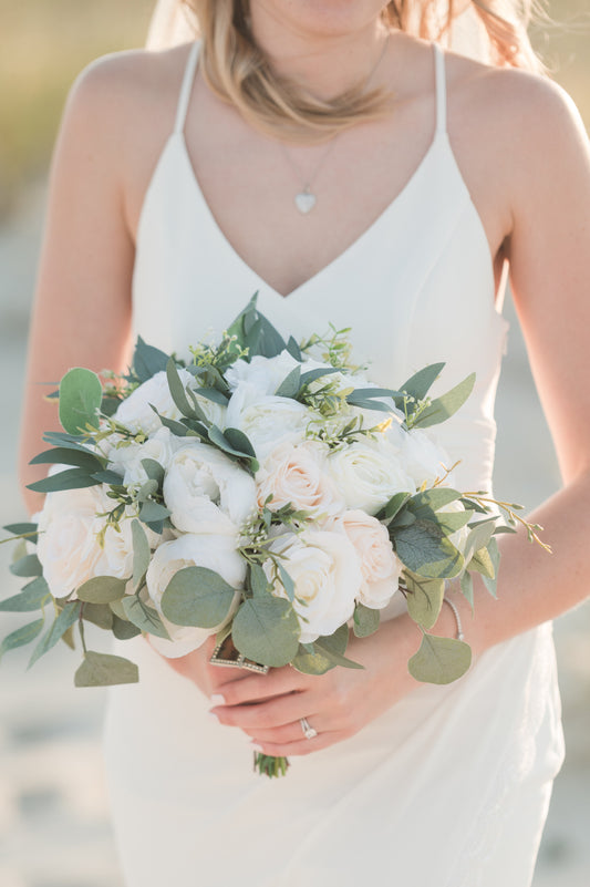Ivory White & Greenery Wedding Bouquet, Bridal Bouquet, Bridesmaids Bouquets, Boho Wedding Bouquet, Peonies Roses eucalyptus, Faux flowers