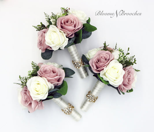 Wedding Bouquet Dusty Rose Ivory Gold, Bridal Bouquet and Bridesmaids Bouquets Artificial, Silk Faux Bouquets Boutonnieres Corsages