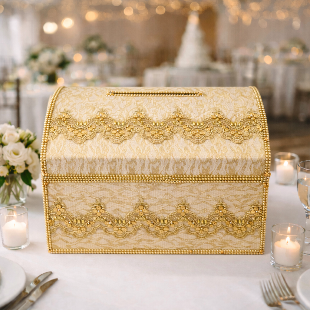 Wedding Card Gold, Money Box with Slot, Silver Wedding Money Box,Lace Card Holder for Wedding Reception, Memory Keepsake Box Envelope Holder