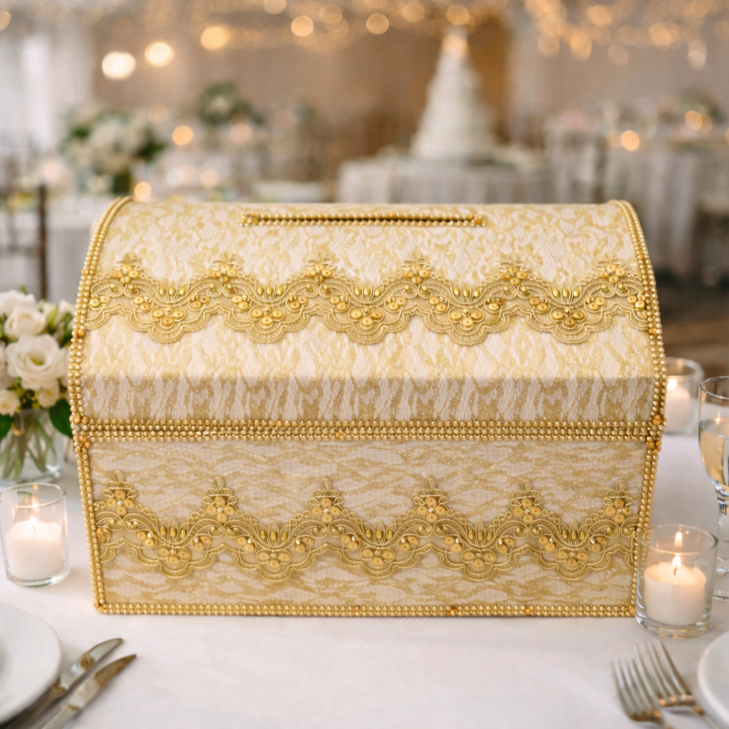 Wedding Card Gold, Money Box with Slot, Silver Wedding Money Box,Lace Card Holder for Wedding Reception, Memory Keepsake Box Envelope Holder