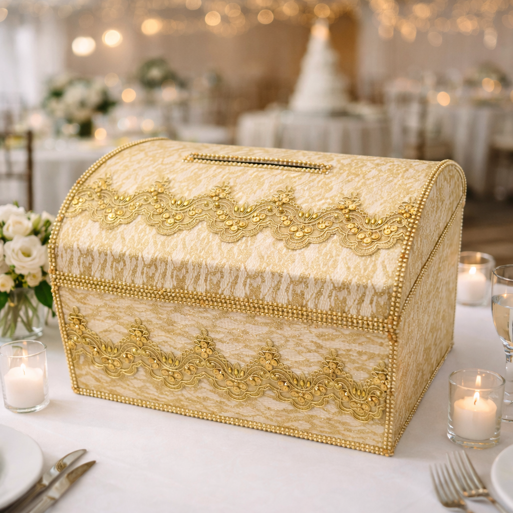 Wedding Card Gold, Money Box with Slot, Silver Wedding Money Box,Lace Card Holder for Wedding Reception, Memory Keepsake Box Envelope Holder