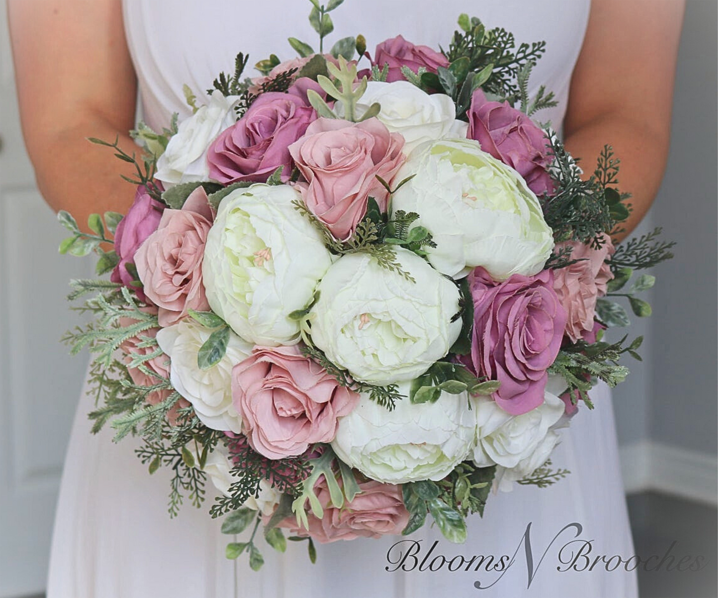 Wedding Bouquet Dusty Rose Mauve Ivory, Faux Wedding Flowers for Bride and Bridesmaids, Artificial Bridal Bouquet Roses Peonies Greenery