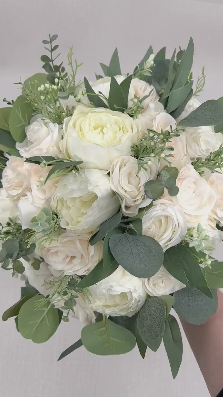 Wedding Floral Package, Wedding Bouquets, Bridal Bouquet, Ivory Artificial, Bridesmaids Bouquets, Roses Eucalyptus Peony, Wedding flowers