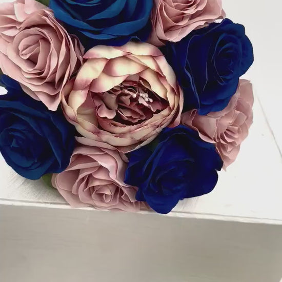 Navy Dusty Rose  and Rose Gold Wedding Bouquet, Navy Bridal Bouquet, Bridesmaids Bouquets, Artificial Wedding Flowers, Roses, Peonies