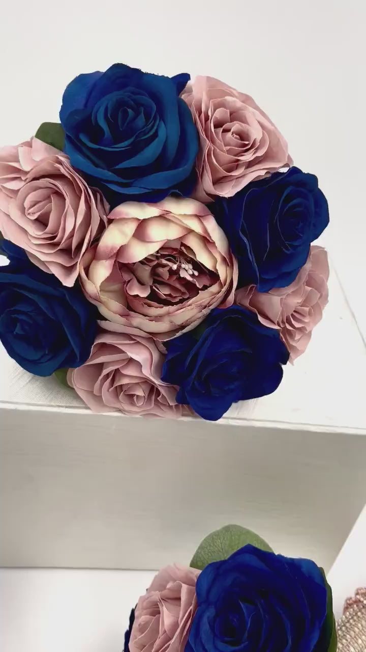 Navy Dusty Rose  and Rose Gold Wedding Bouquet, Navy Bridal Bouquet, Bridesmaids Bouquets, Artificial Wedding Flowers, Roses, Peonies