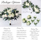 Luxury faux wedding flower package with silk bridal bouquet, bridesmaid bouquets, boutonnieres and wrist corsages in ivory roses, peonies and eucalyptus greenery