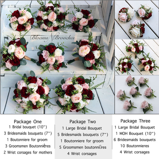 Faux wedding bouquet package with silk bridal bouquet, bridesmaid bouquets, boutonnieres and wrist corsages in ivory, wine and blush roses with greenery
