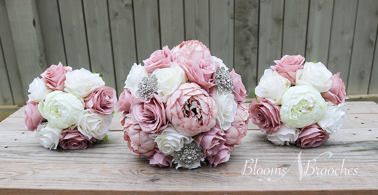 Dusty Rose and Ivory Wedding Bouquet, Wedding Flowers, Bridesmaid Bouquets, Corsage, bridal Flower Package, faux Flowers, Weddings