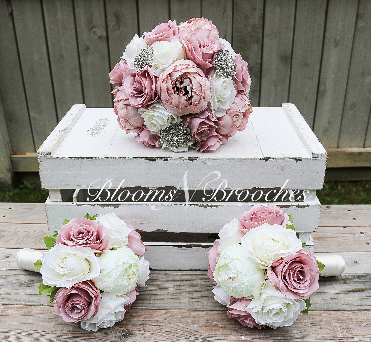 Dusty Rose and Ivory Wedding Bouquet, Wedding Flowers, Bridesmaid Bouquets, Corsage, bridal Flower Package, faux Flowers, Weddings