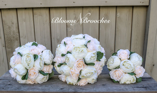 Ivory and Champaign Wedding Bouquet, Wedding Flowers, Peony and rose bouquet, Bridesmaid Bouquets, Corsage, bridal Flower Package