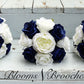 Wedding Bouquet Navy and Ivory, Bridal Bouquet With Rhinestone and Pearls, Wedding Flowers, Bridesmaid Bouquets, bridal Flower Package