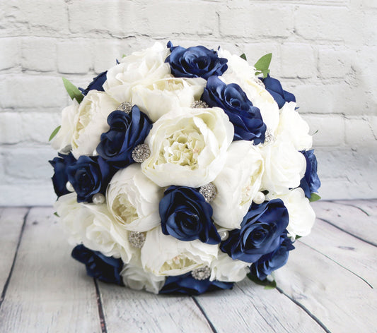 Wedding Bouquet Navy and Ivory, Bridal Bouquet With Rhinestone and Pearls, Wedding Flowers, Bridesmaid Bouquets, bridal Flower Package