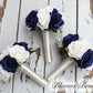 Wedding Bouquet Navy and Ivory, Bridal Bouquet With Rhinestone and Pearls, Wedding Flowers, Bridesmaid Bouquets, bridal Flower Package