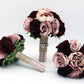 Rose Gold Dusty Rose and Burgundy Wedding Bouquet, Artificial Bridal Bouquet and Bridesmaids Bouquets, Roses Peonies Rose Gold Rhinestones