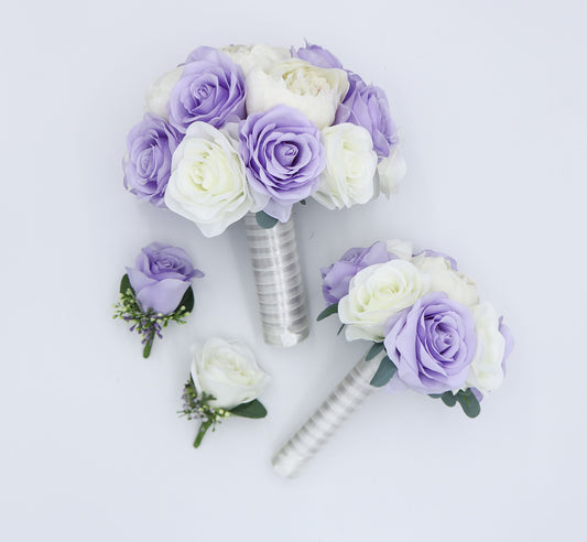 Lilac Ivory Wedding Bouquets, Artificial Flowers for bride and bridesmaids, Silk Bridal bouquets corsages boutonnieres, Wedding Flowers