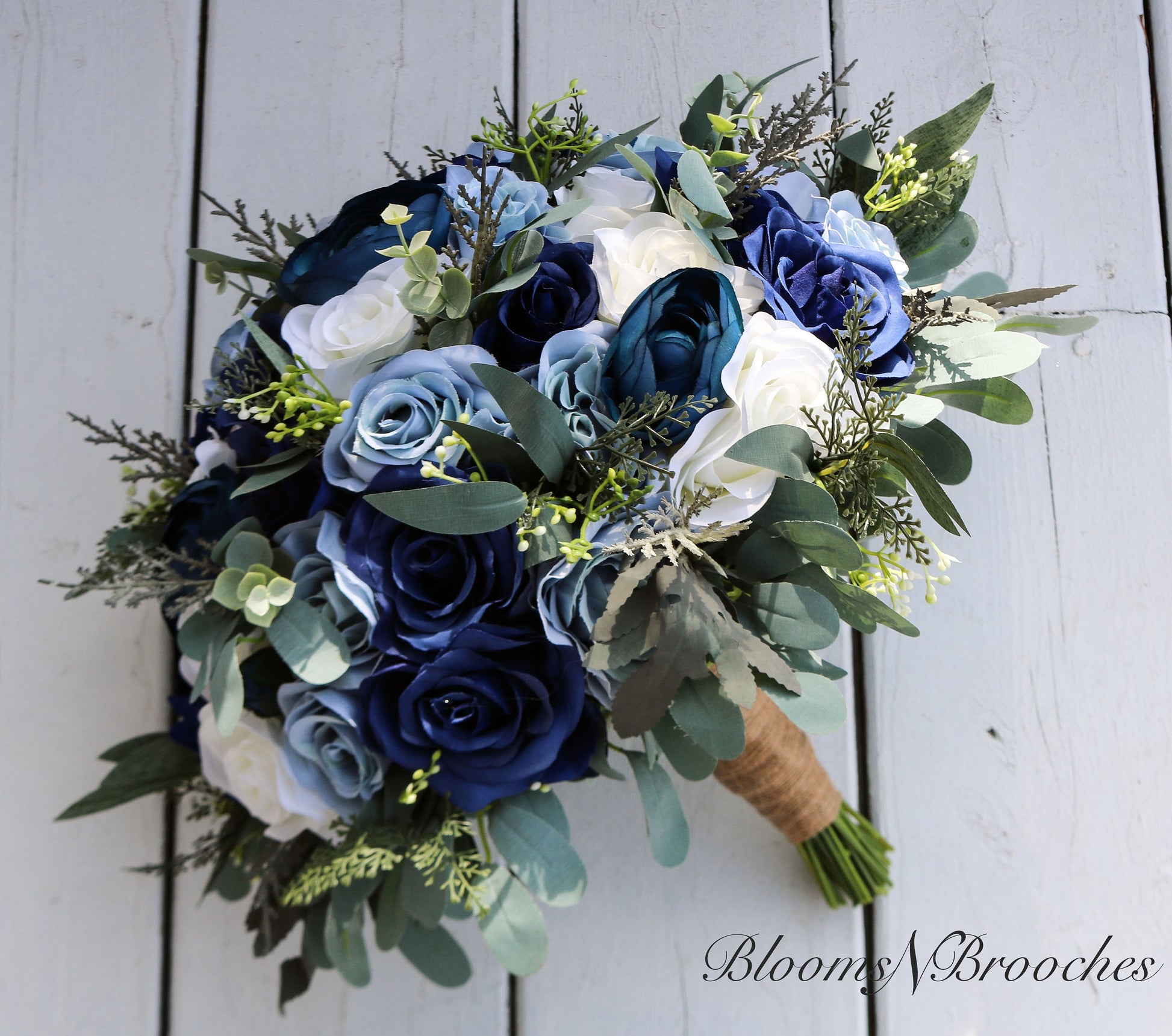 Boho Wedding Bouquet in Navy Dusty Blue and Ivory, Faux Bridal and Bridesmaids bouquets, Artificial Wedding Flowers Roses, eucalyptus